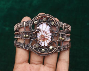 Ammonite Fossil Copper Bangle: Adjustable Wire Wrap Boho Jewelry