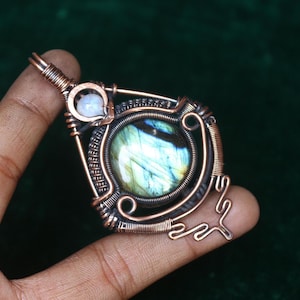 Stunning Multi Fire Labradorite Gemstone Copper Pendant, Oxidize Copper Wire Pendant Jewelry, Gift For Her, Moonstone One Eye Pendant