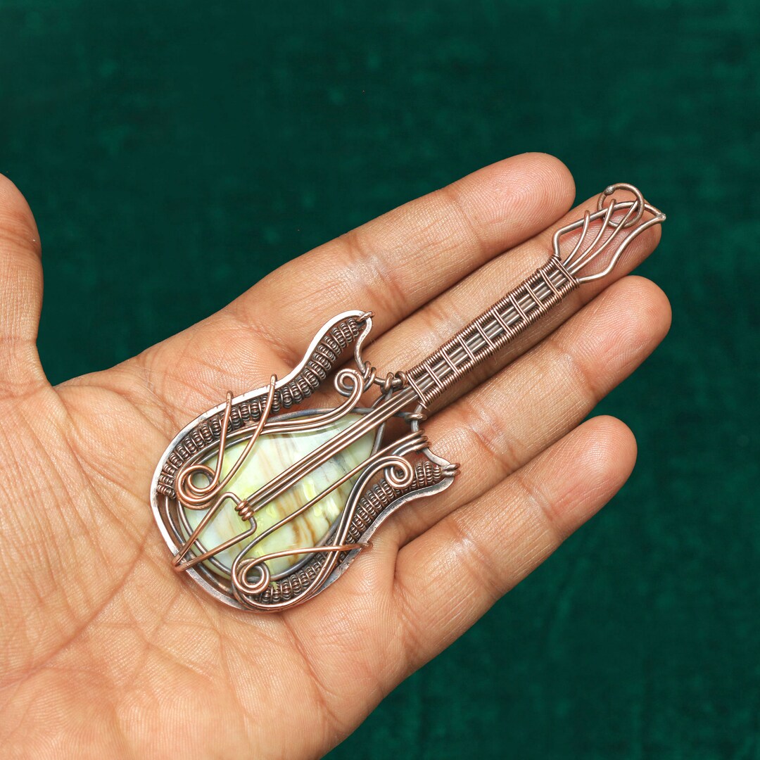 GUITAR PENDANT Green Less Jasper Copper Wire Guitar Pendant Jewelry