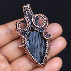 Raw Black Tourmaline Druzy Gemstone Copper Wire Pendant, Cabochon Copper Wire Wrap Pendant Jewelry, Cute Copper Pendant,  Gift For Christmas