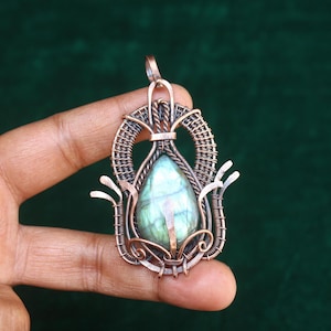 Yellow Fire Labradorite Gemstone Pendant, Oxidize Copper Wire Wrap Pendant Jewelry, Gift For Her, Christmas Gift Copper Pendant