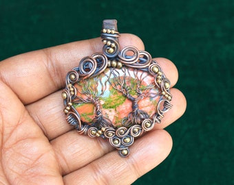 Beautiful Tree Of Life Pendant, Unakite Gemstone Copper Pendant, Two Tree Copper Wire Wrap Pendant Jewelry, Gift For Her, Copper Pendant