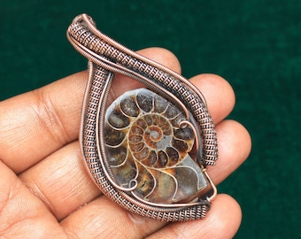 Fabulous Ammonite Fossil Wire Wrap Copper Pendant, Ammonite Fossil Gemstone Copper Jewelry, Gift For Her, Handmade Pendant