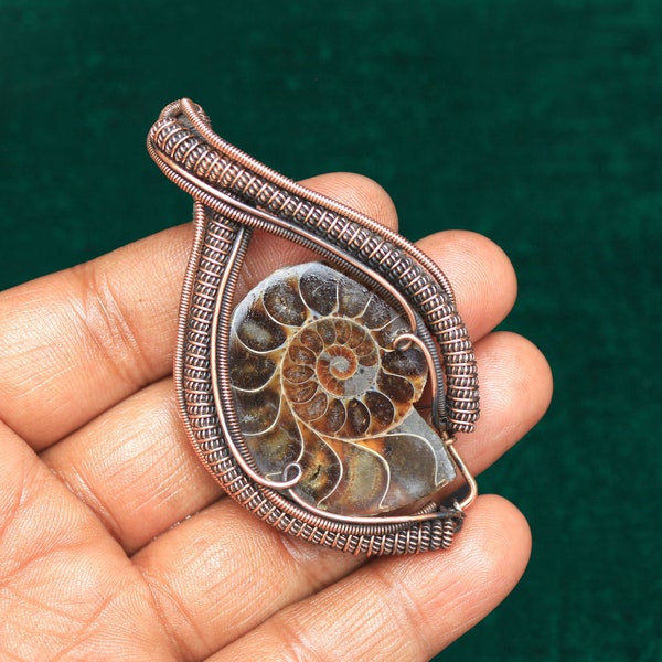 Handmade Copper Wire Wrap Ammonite Fossil Pendant