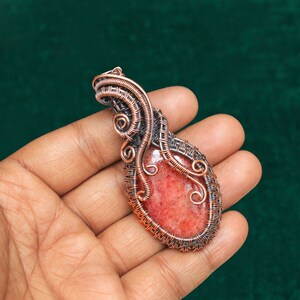 Tempting Pink Rhodonite Gemstone Copper Wire Woven Pendant, Copper Jewelry, Rhodonite Cabochon Copper Pendant, Christmas Gift Pendant