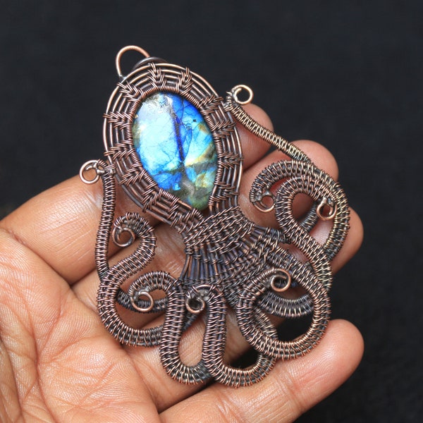 Octopus Copper Pendant, Labradorite Wire Wrap Pendant, Gemstone Wire Wrap Pendant, Mother Gift Copper Pendant, Sea Creature Pendant