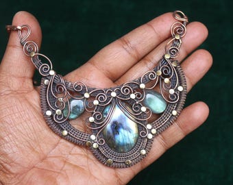 Rare Designer Necklace Jewelry, Labradorite Gemstone Copper Wire Wrap Necklace Jewelry, Use For Gift, Gift For Mom, Women Necklace Jewelry