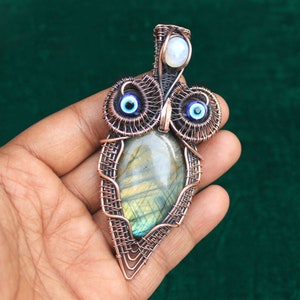 Labradorite Owl Copper Pendant, Gorgeous Labradorite Copper Wire Wrap Pendant Jewelry, Owl Designer Handmade Copper Jewelry, Gift For Her