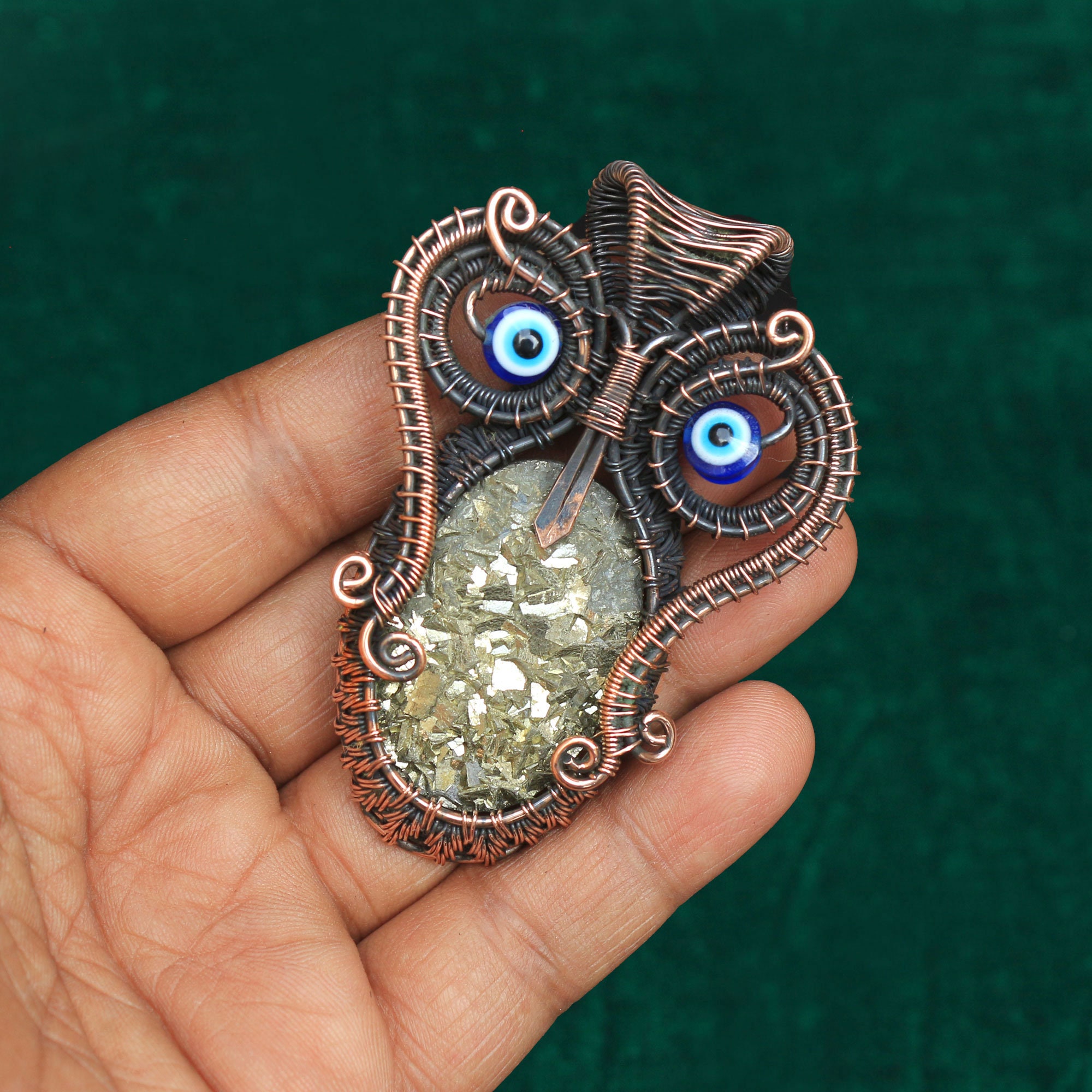 Handmade Copper Wire Owl Pendant: Pyrite Druzy Gemstone Jewelry