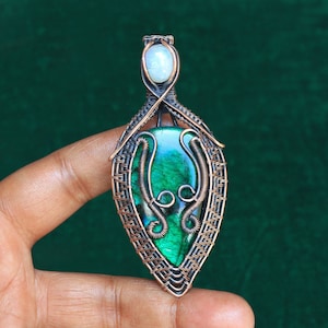 Oxidized Copper Wire Wrapped Labradorite Pendant with Moonstone