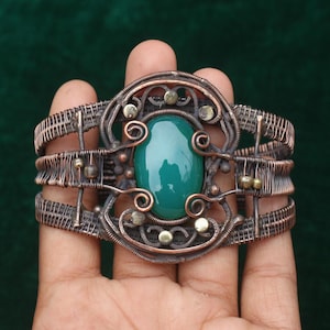 Fabulous Green Onyx Gemstone Copper Wire Wrap Bangle/ Women Jewelry/Christmas Gift Bracelet/ Adjustable Copper Bangle/ Copper Bracelet