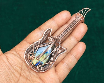 Fabulous Labradorite Guitar Gemstone Copper Wire Wrapped Pendant, Oxidize Polish Pendant, Handcraft Pendant, Guitar Necklace gift pendant