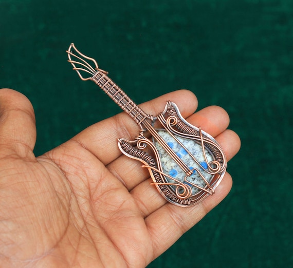 K2 Jasper Guitar Pendant, Copper Wire Wrapped Gemstone Jewelry