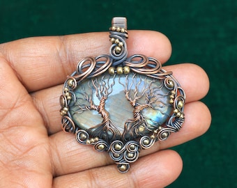 Two Tree Designer Handmade Pendant, Labradorite Gemstone Copper Wire Wrap Pendant Jewelry, Copper Pendant Necklace, Gift For Her