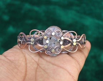 Adjustable Copper Wire Wrap Bangle: Black Rutile Gemstone Bracelet