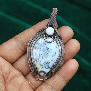 Evil Eye Moonstone Pendant, Dendrite Opal Gemstone Copper Pendant, Opal Wire Wrap Pendant Jewelry, Rare Designer Pendant, Gift For Mother