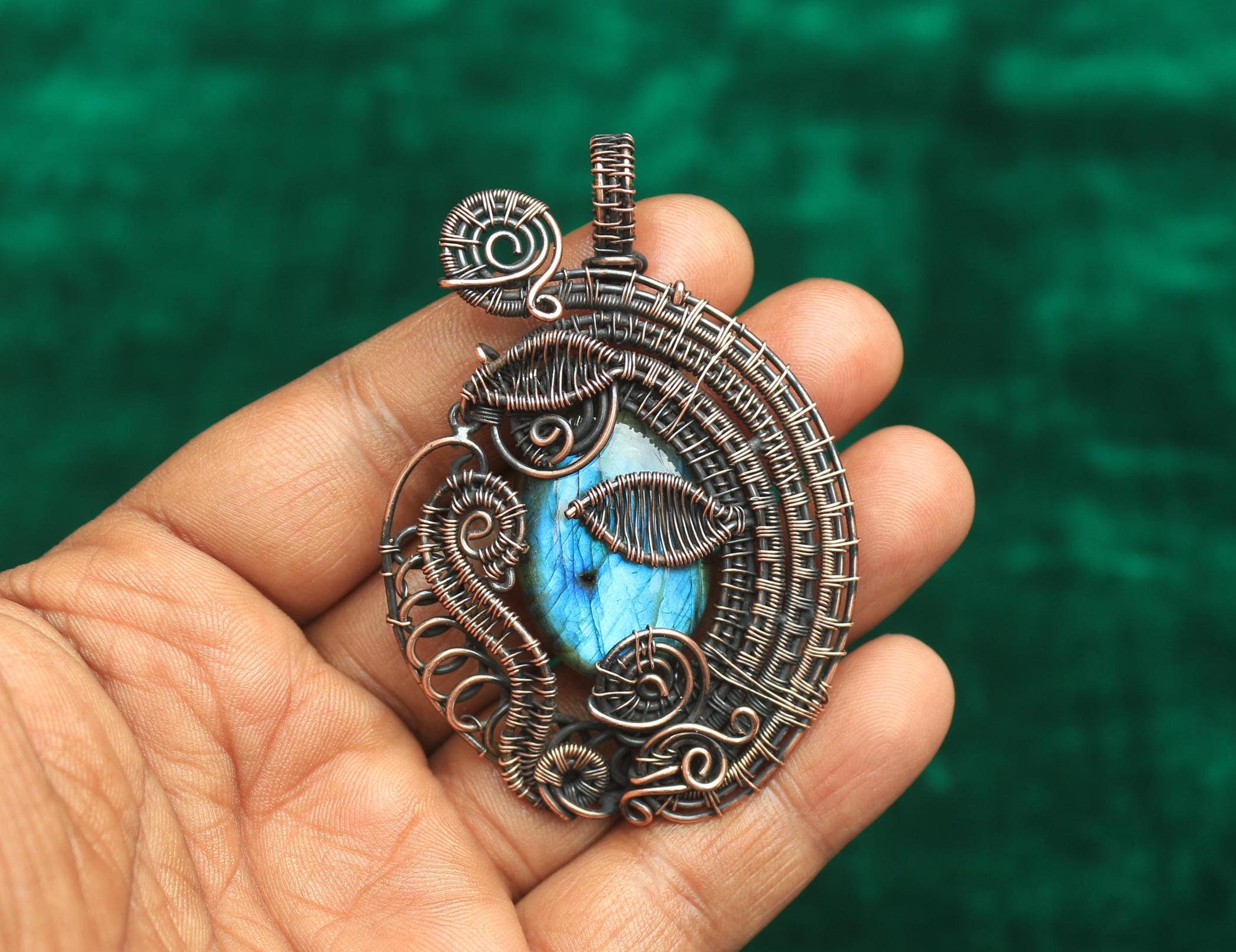 Beautiful Blue Fire Labradorite Gemstone Copper Wire Wrap Pendant, Copper Wire Pendant, Oxidize Polish Pendant, Cute Pendant, For Gift
