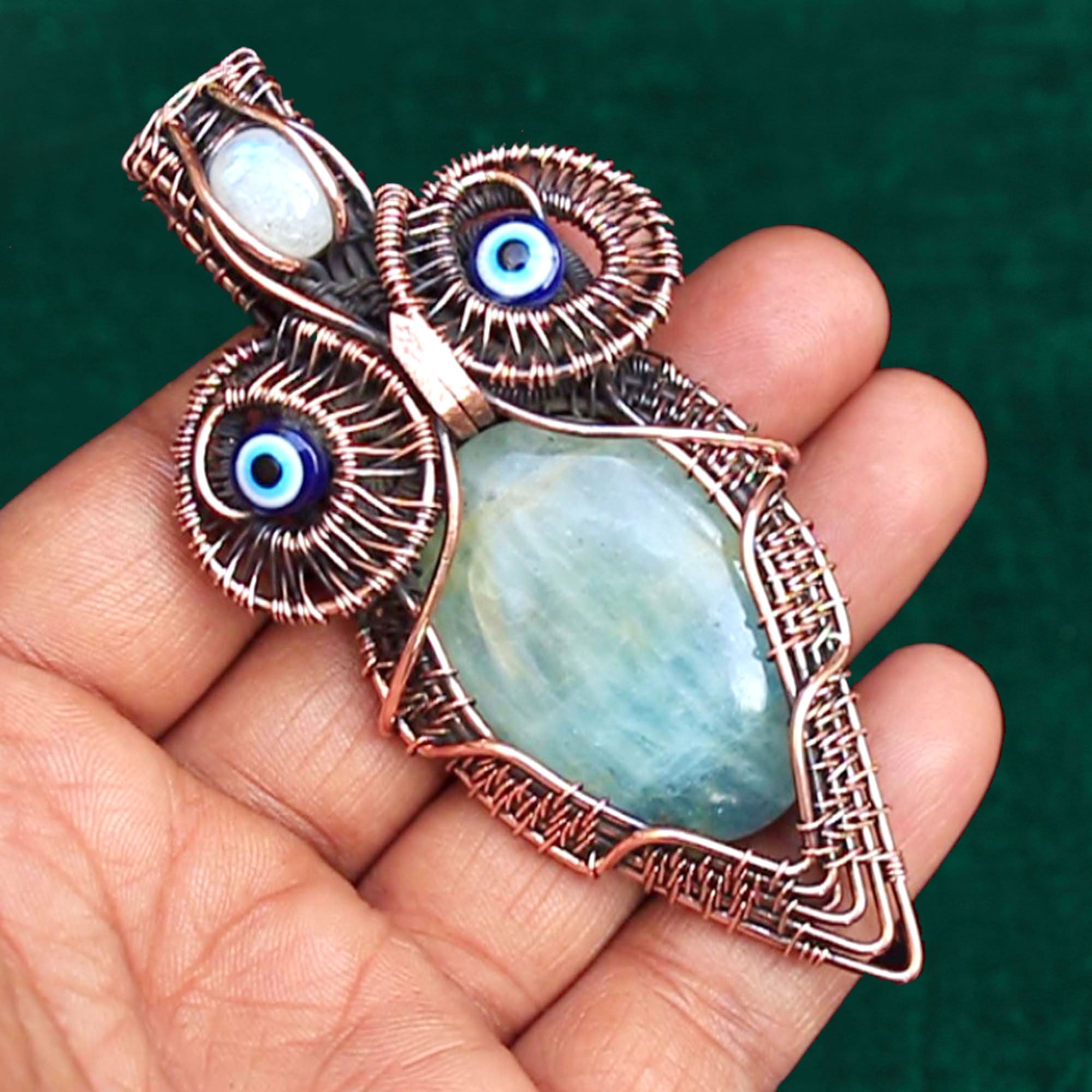 Aquamarine Owl Pendant: Copper Wire Wrap Gemstone Jewelry