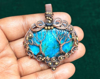 Rare Collection Chrysocolla Copper Tree Of Life Pendant Jewelry, Gemstone Copper Wire Wrap Pendant, Wedding Gift, Two Tree Design Pendant