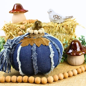 Denim & Leather Pumpkin Not Just for Fall Anymore,Distressed Frayed Seams Denim Tassel, Leather Leaves, Wood beads around the handmade Stem