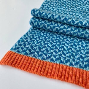 Knitted Lambswool Scarf Geometric Blue and Orange Fairisle Scarf