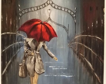 May include: Oil painting of a person walking on a bridge in the rain, holding a red umbrella. The person wears a grey coat and carries a handbag. The bridge has ornate ironwork and street lamps, with a dark, moody sky.