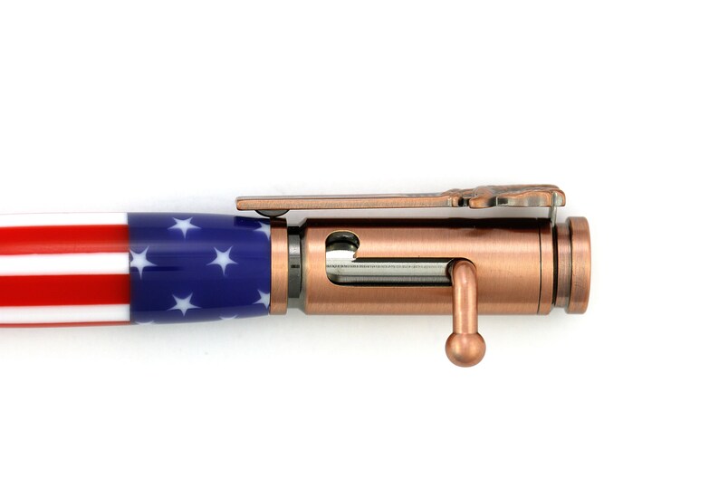 Blue White Antique Copper Finish Red Salute the Troops 30 Caliber Bolt Action Pen Includes Rosewood Gift Box.