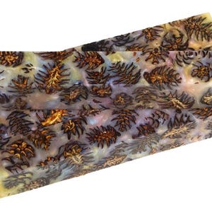 May include: Two rectangular blocks of resin with a unique design. The blocks feature embedded pine cone elements in shades of brown and gold, set against a translucent background with hints of yellow, purple, and blue.