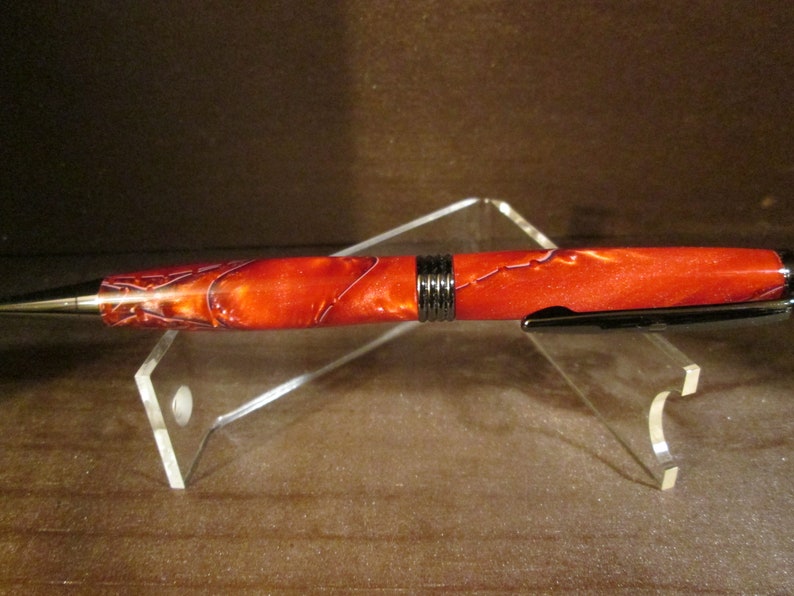 Red Trimline Pen Cross Style refill. Twist Pen Black Handmade Gun Metal White