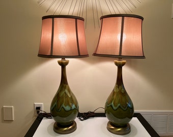 Two Mid-Century Modern Green Drip Glaze Ceramic Table Lamps. Excellent working condition.