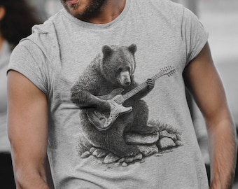 Bear T-Shirt Gift Men's Graphic Tee Bear Guitar Bear Playing Guitar Men's Bear Shirt Bear Gifts Music Gift Musician Gifts