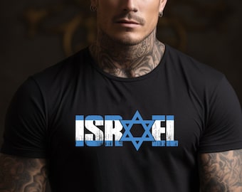 May include: A black t-shirt with a white distressed graphic of the word "ISRAEL" with a blue and white Star of David in the center.
