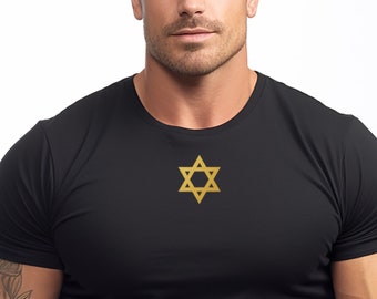 May include: A black t-shirt with a gold Star of David on the front.