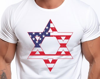 May include: White t-shirt with a red, white, and blue star of David design. The star is made up of the American flag.