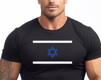 May include: A black t-shirt with a white stripe and a blue Star of David on the front.