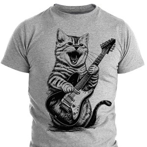 Cat Playing Guitar T-Shirt Music-Inspired Graphic Tee Trendy Men&#39;s Graphic T-Shirts Music Tee Guitarist Gift