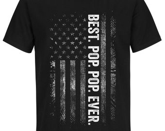 May include: Black t-shirt with a distressed American flag design and the text "BEST. POP. EVER."