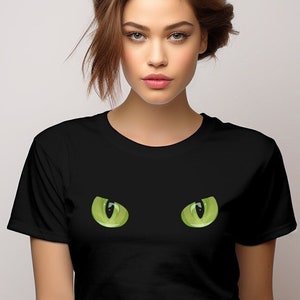Funny Green Cat Eyes for Women Vintage Retro Graphic T-shirt 3D Sketch Cat Face Scary Halloween Cat Costume T shirt
