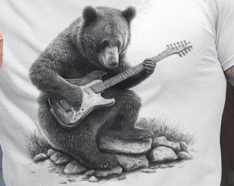 Bär T-Shirt Geschenk, Herren Grafik-T-Shirt Bär Gitarre, Bär spielt Gitarre, Herren Bär Shirt, Bär Geschenke Musik Geschenk, Musiker Geschenke