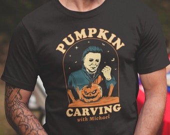 Pumpkin Carving with Michael Halloween Horror Movie Scary T-shirt Halloween Party Costume Shirt Happy Halloween Shirts
