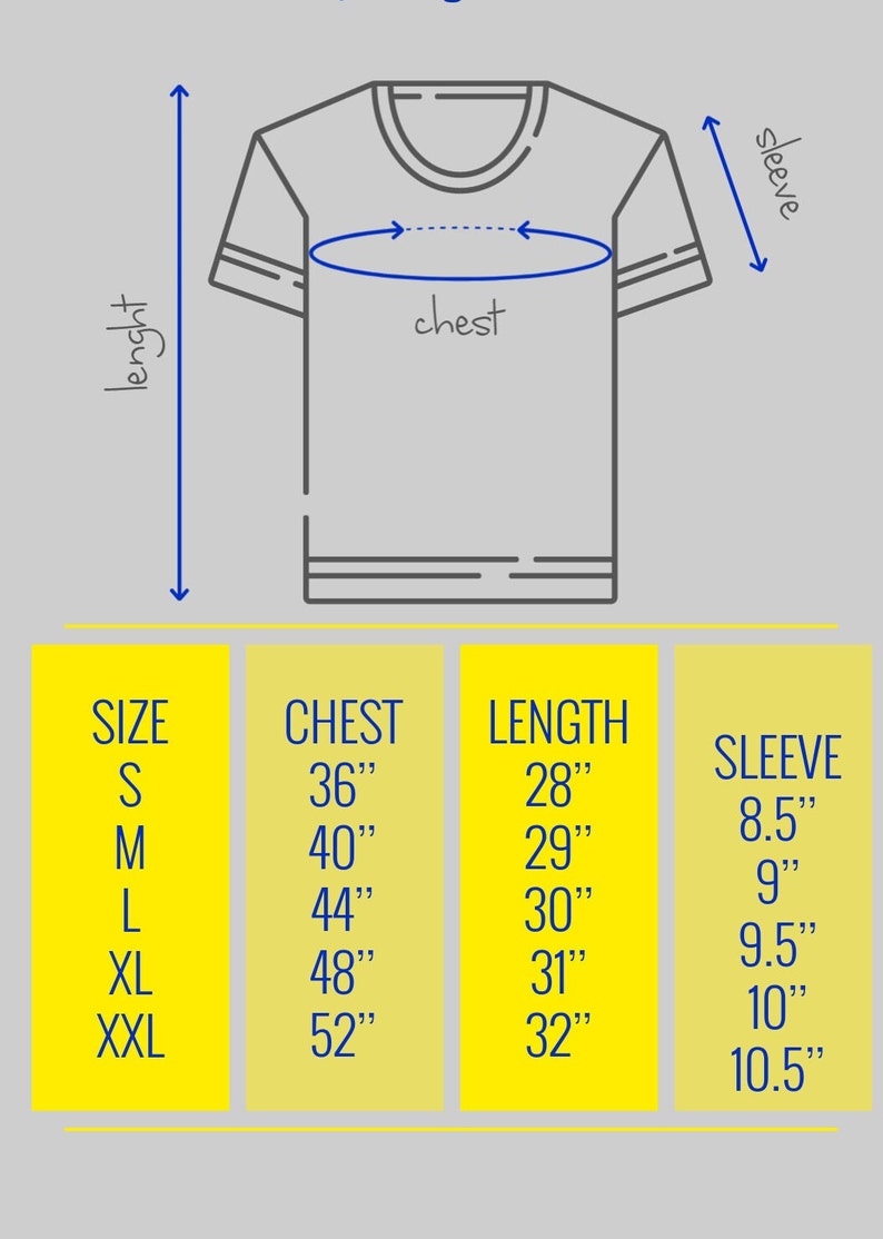 Puede incluir: Una tabla de tallas para una camiseta con medidas en pulgadas para el pecho, la longitud y la manga. La tabla muestra las tallas S, M, L, XL y XXL.