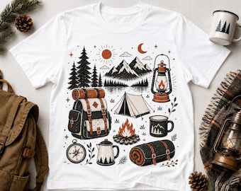 Camping T-Shirt, Outdoor Adventure Tee, Vintage Hiking Backpack Campfire Mountain Graphic Shirt