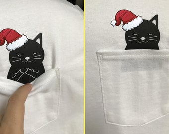 Santa Cat Middle Finger Pocket T-Shirt - Funny Christmas Gift