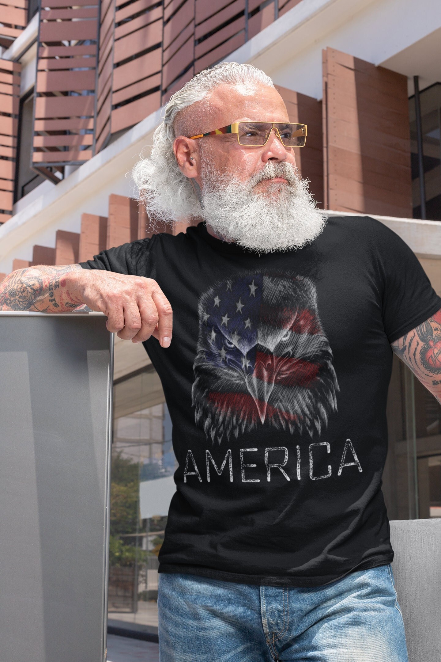 Men's Patriotic Eagle & Flag T-Shirt - 100% Polyester Premium Short Sleeve Tee (Medium, Design Tsm01721bd)