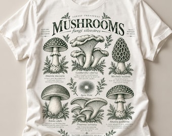 Mushroom Shirt, Vintage Botanical Mushroom Tee, Cottagecore Shirt, Dark Academia Clothing, Foraging Nature Lover Gift, Fungi Goblincore Tee