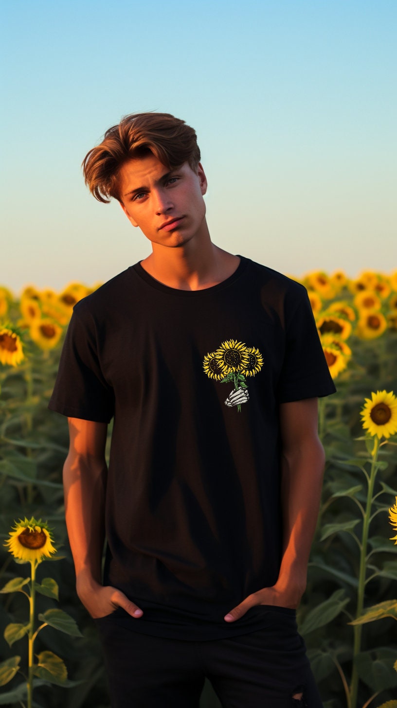 Sunflowers in Skeleton Hand Shirt, Halloween Shirt, Skeleton Rock Shirt, Resplendent Sunflowers Gracefully Held in a Skeleton Hand t-shirt