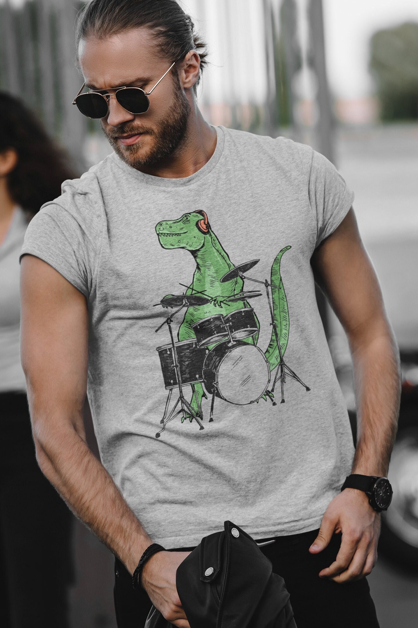 T-rex T-shirt Gift Dinosaur Playing Drums Shirt Men