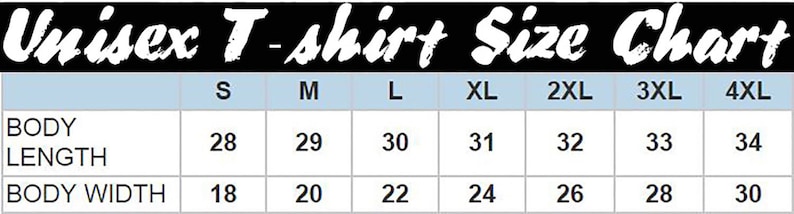 Pu&ograve; includere: Tabella delle taglie per t-shirt unisex che mostra le misure di lunghezza e larghezza del corpo in pollici per le taglie dalla S alla 4XL.