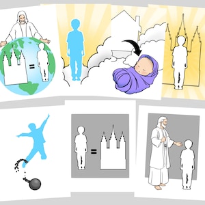 Può includere: Una serie di sei illustrazioni che rappresentano l'importanza dei templi nella vita di una persona. Le illustrazioni mostrano una persona da bambino, una persona da adulto, una persona che nasce, una persona che viene battezzata, una persona che si sposa in un tempio e una persona che risorge. Le illustrazioni sono in stile cartone animato e sono destinate ad essere utilizzate a scopo didattico.