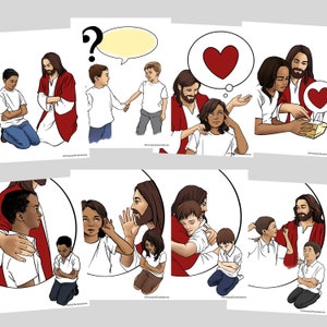 Puede incluir: Una serie de ilustraciones que representan a Jesús interactuando con niños. Las ilustraciones muestran a Jesús consolando, enseñando y amando a los niños. Las ilustraciones son de estilo de dibujos animados y presentan colores brillantes.